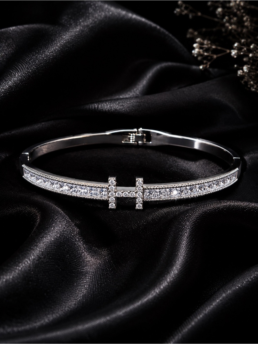 Silver Crystal H Accent Hinged Bangle Bracelet